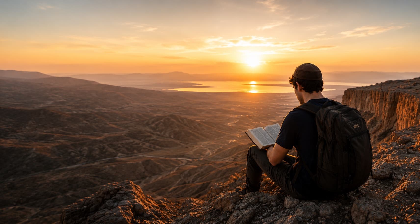 A young man sitting on a clifftop at sunrise with an open sefer, looking out over the Judean desert toward the Dead Sea